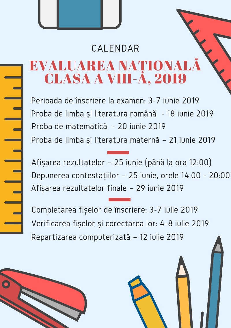 calendarul Evaluarii Nationale 2019